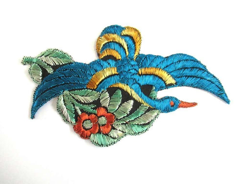 UpperDutch:,Antique 1930's Silk Blue Bird Applique Vintage Patch Sewing Supply Crazy Quilt.