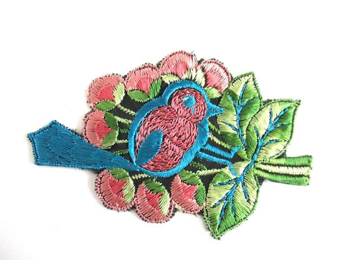 UpperDutch:,Antique 1930's Silk Blue Pink Bird Applique Vintage Patch Sewing Supply Crazy Quilt.