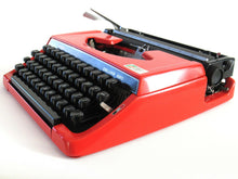 UpperDutch:Typewriter,Brother Deluxe 220 working typewriter. Red metal body, two tone ink ribbon. Portable writing machine. Office decor QWERTY layout