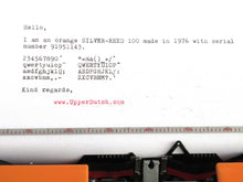 UpperDutch:Typewriter,Silver-Reed 100 working typewriter made in 1976. 1970's Orange typewriter, Silver Seiko Co Japanese QWERTY writing machine