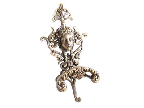 UpperDutch:,Antique Solid Brass Victorian Style Coat hook, Woman, Angel Wall hook, made in Italy.