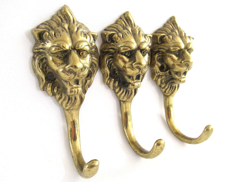 UpperDutch:Wall hook,Set 3 pcs Brass Lion Head Coat hook - Wall hooks, Solid Brass hooks, Kitchen / Towel hooks.