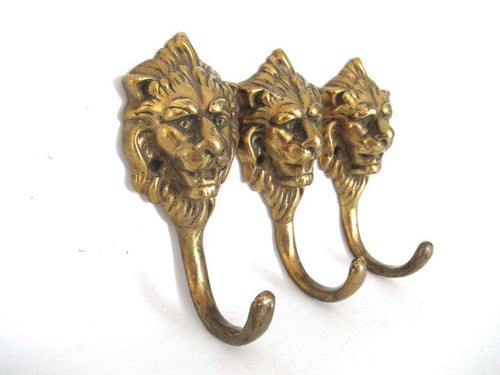 UpperDutch:Wall hook,Set 3 pcs Brass Lion Head Coat hook - Wall hooks, Solid Brass hooks, Kitchen / Towel hooks.