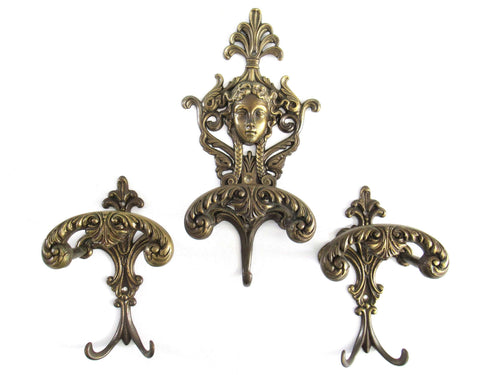 UpperDutch:Wall hook,Set Antique Victorian Style Coat hooks Made in Italy, Solid Brass Ornate Wall hooks, Angel, Woman.