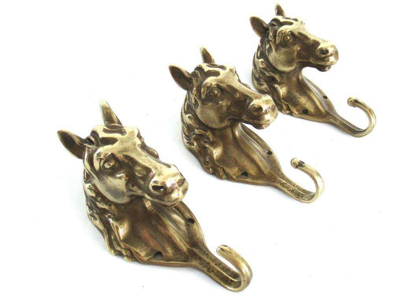 Set of 3 pcs Solid Brass Horse Head Wall hooks, Coat hooks, Hanger, horse  head.